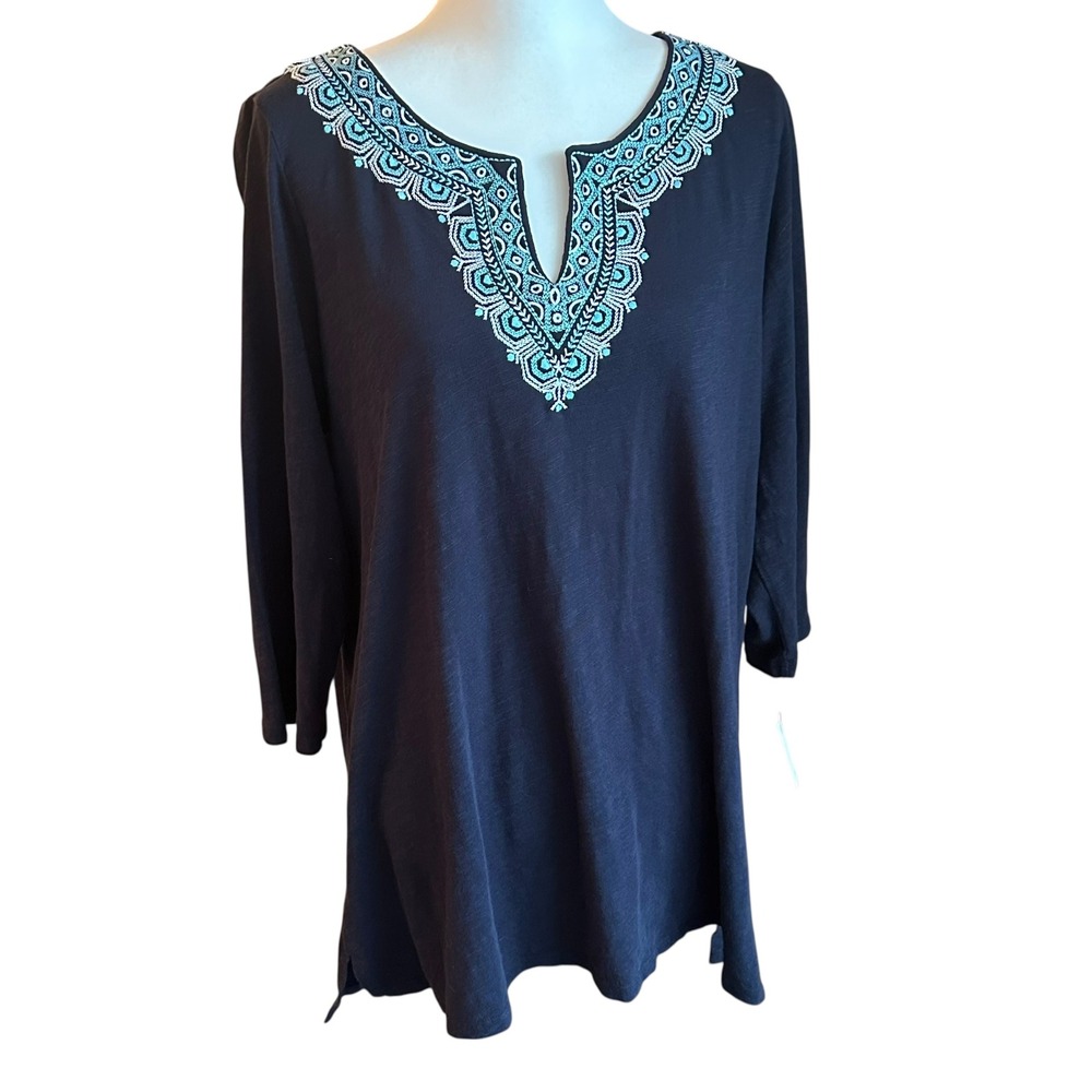 Talbots Top Plus Size 1X Blue Embellished‎ Neckline Cotton Tunic Top Long Sleeve
